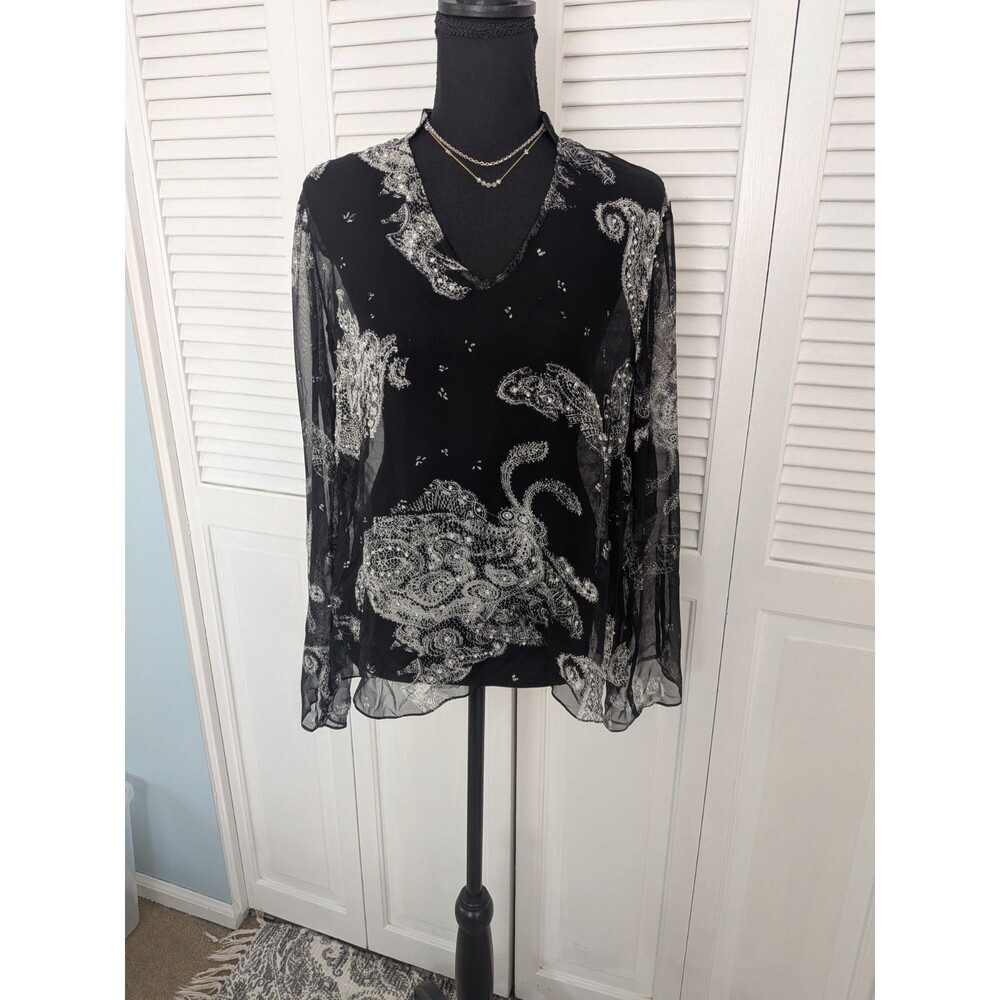 ICE Top Womens 1X Black White Whimsigoth Feminine Fairycore Beaded Sheer Blouse
